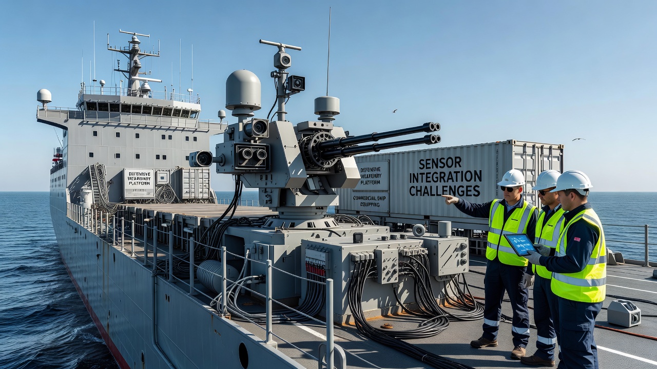 Technicians calibrating integrated sensor suite on a commercial vessel's defensive platform under maritime conditions